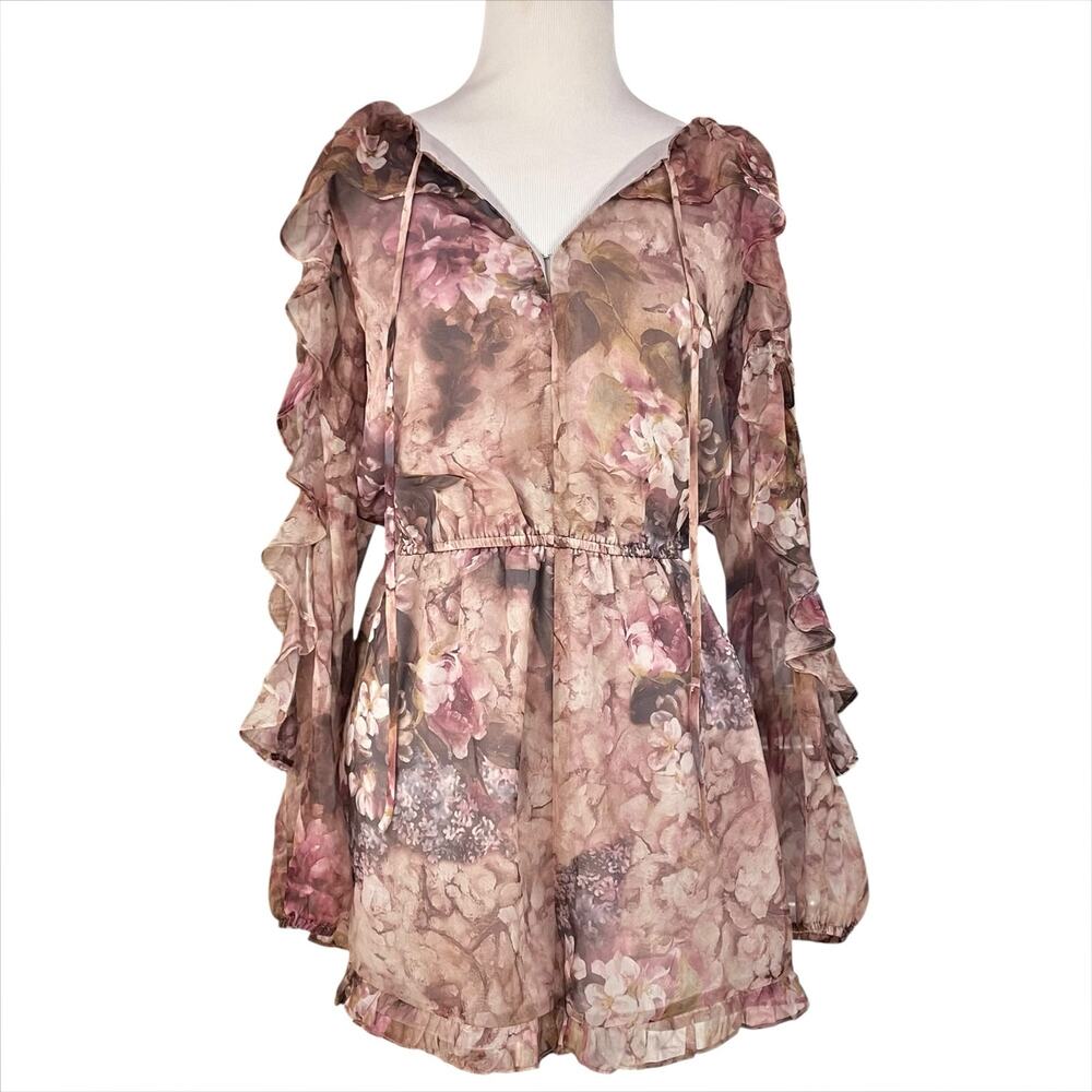 ASTR THE LABEL Fluttery Chiffon Floral Ruffle Long-Sleeve Romper Sz S Pink Brown